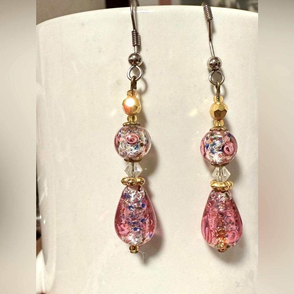 Elegant Floral Pink Beaded Earrings Handmade by Artist William Holman